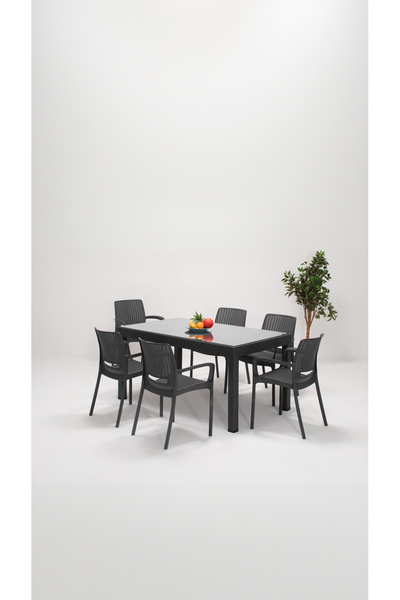 MOBETTO Rattan Lüx Camlı 90x150 Bahçe&balkon&teras Masa Seti - Antrasit