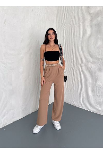 Winmoda34 Women's Double Pleated Flexible Belt Detail Palazzo Fabric Pants