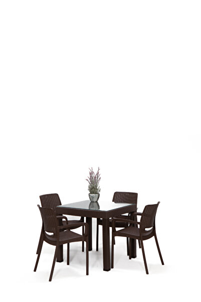 MOBETTO Rattan Small Lüx Camlı Kahve Masa Takımı Bahçe&balkon 1 Camlı Masa 4 ...