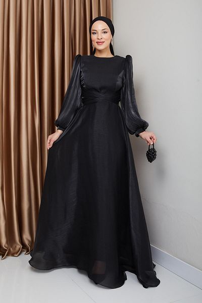 Olcay Schwarzes Hijab-Abendkleid aus Seide – Yoryo 1238-Modell mit Gürtel