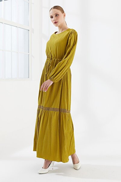 Genel Markalar Dadali Belden Bağlamalı Dantel Detaylı Elbise Yağ Yeşili