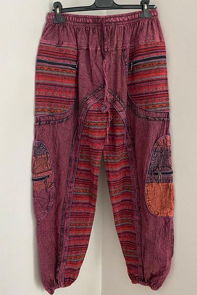AYASOFYA OTANTIK Unisex Nepalese Burgundy Ethnic Loose Bohemian Baggy Trousers with Elastic Waist and Legs and Zipper Pocket Detail