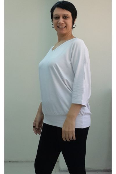 Mertcan Butik White V-Neck Bat Three Quarter Sleeve Combed Viscose T-Shirt