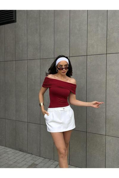 minaaise Дамска блуза с къс ръкав, ликра, вискоза и яка тип „Мадона“ в бордо,...