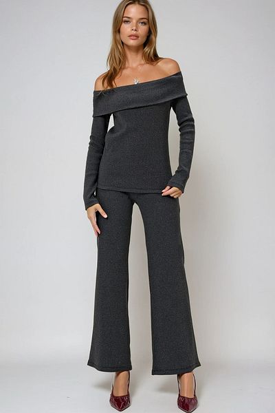 VAGGON Γυναικείο Anthracite Madonna Collar Camisole Μπλούζα και Παντελόνι Σετ Prmx13060