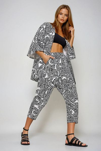 VAGGON Set Shaiyen pentru femei - Kimono cu imprimeu verde, jachetă și pantaloni țesute din in