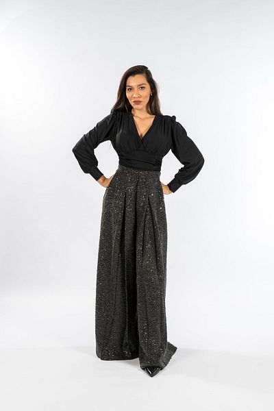 Gorgeaux Black Bodysuit and Sequin Pants Set - M(38)