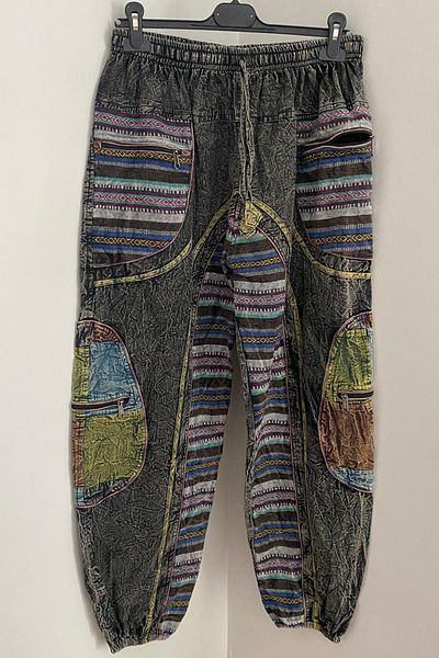 AYASOFYA OTANTIK Unisex Nepalese Black Ethnic Loose Bohemian Baggy Trousers with Elastic Waist and Legs and Zipper Pocket Detail