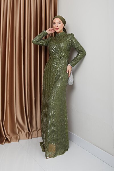 Olcay Zielona cekinowa sukienka wieczorowa hidżab - detal z falbanką 1677