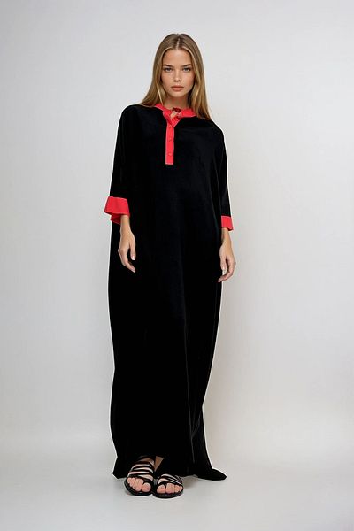 VAGGON Γυναικείο μαύρο γιακά Judge με κεντημένο πίσω μανίκι μπατονέτα Maxiboy υφαντό φόρεμα Prmx12006