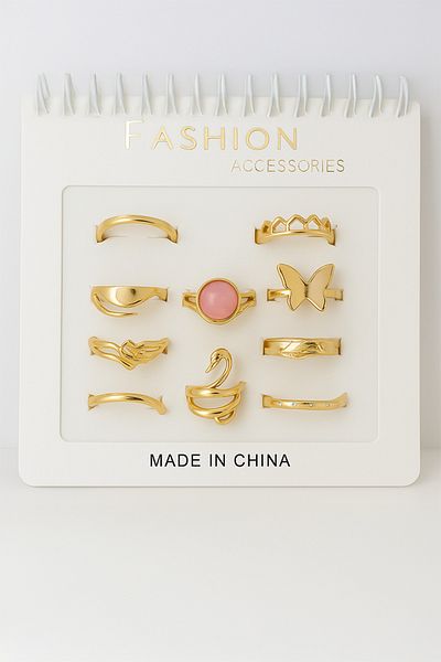 MakeWell 6Pcs 8Pcs 10Pcs Ring Sets Butterfly Pink Stone Plain Gold Color Rings