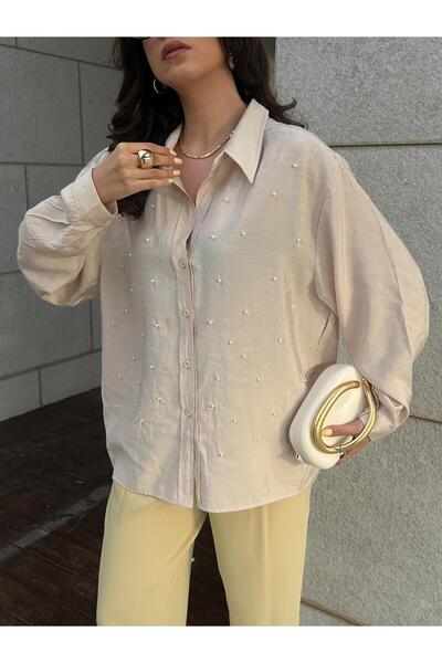 minaaise قميص نسائي كبير الحجم من قماش مودال حجري ومزين باللؤلؤ 29095