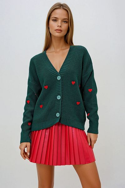 VAGGON Women's Dark Green V-Neck Heart Embroidered Knitwear Cardigan Prmx12982