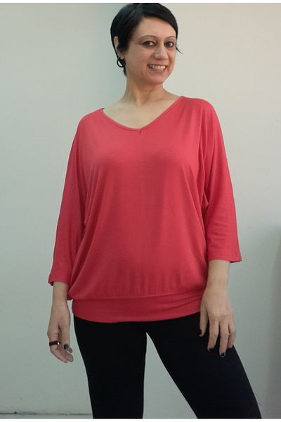 Mertcan Butik Red V-Neck Bat Three Quarter Sleeve Combed Viscose T-Shirt