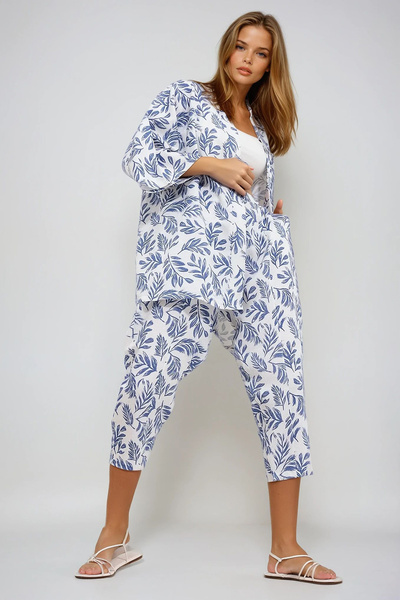 VAGGON Blue Print Women's Kimono Jacket and Pants Set with Linen Woven Bottom Top