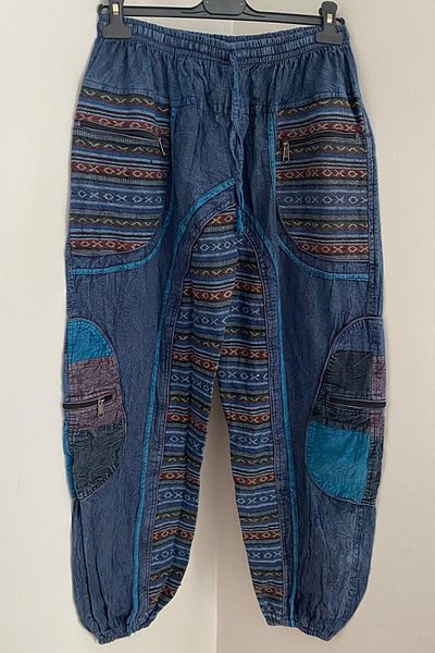 AYASOFYA OTANTIK Unisex Nepal Blue Ethnic Casual Bohemian φαρδύ παντελόνι με ελαστική μέση και πόδια με λεπτομέρεια τσέπης με φερμουάρ