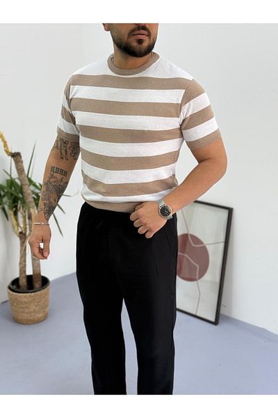 Combineman35 Men's 100% Cotton Striped Knitwear Crew Neck Short Sleeve Tshirt
