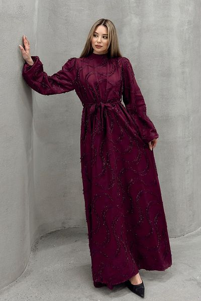 Olcay Detailliertes Hijab-Abendkleid mit Quasten und Glitzer in Weinrot 1526