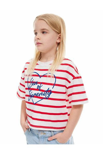 Koton Cotton Embroidery Detailed Short Sleeve Crew Neck Striped T-Shirt