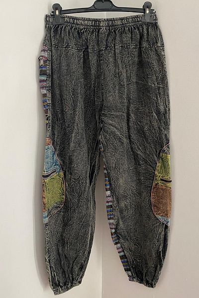 AYASOFYA OTANTIK Unisex Nepalese Black Ethnic Loose Bohemian Baggy Trousers with Elastic Waist and Legs and Zipper Pocket Detail