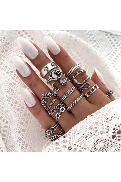 HOBİSY GIFT SHOP Vintage Tarzı 16'li Midi Yüzük Seti - Geometrik Motifli Bohe...