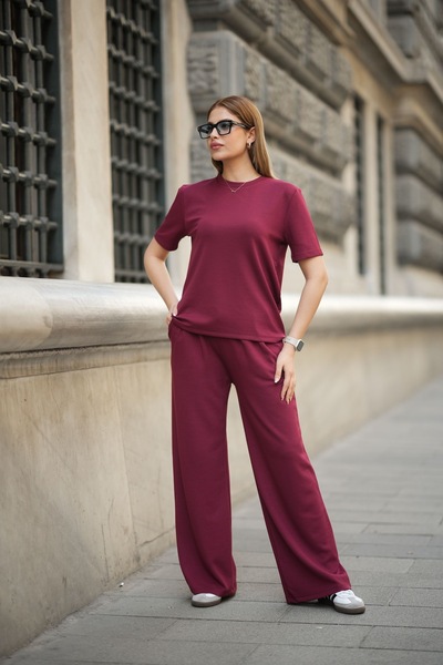 Lusin Women's Burgundy Fabric Tirl Soft Textured T-Shirt Pants Bottom Top Two-Piece Short Sleeve Summer Suit