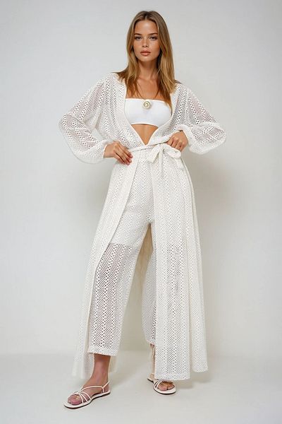 VAGGON Women's Ecru Self-Textured Openwork Long Pants Kimono Suit Prmx11710