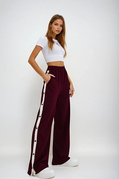 VAGGON Pantaloni de damă bordeaux cu buzunare duble, cu dungi laterale elastice, cu picioare largi Prmx12713