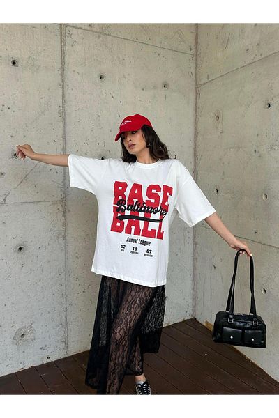 minaaise Tricou alb pentru femei, 100% bumbac, imprimat supradimensionat 29179