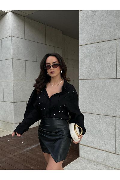 minaaise Cămașă oversize pentru femei, neagră, din țesătură modal, cu detalii perle 29095