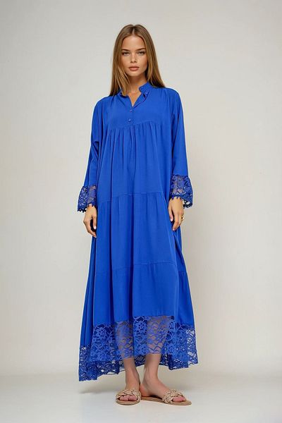 VAGGON Γυναικείο φόρεμα Saks Judge με γιακά με κουμπιά με δαντέλα με λεπτομέρειες Maxiboy φόρεμα Prmx12005