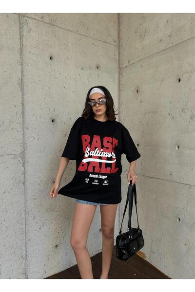 minaaise Γυναικείο μπλουζάκι μαύρο 100% βαμβακερό εμπριμέ Oversize 29179