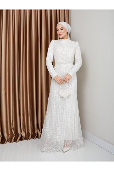 Olcay Večerné hidžábové šaty s flitrami - Ecru 1677
