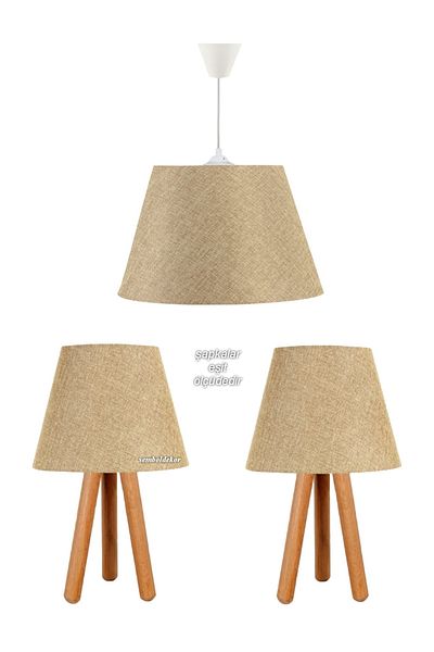Semboldekor Wooden Tripod Charm 18 Beige Lampshade-Chandelier Set (White Installation)