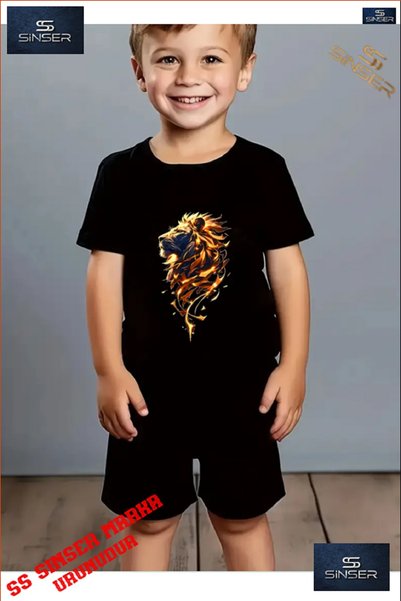 SS SİNSER Kids Lion Flame Custom Printed Crew Neck T-Shirt - Shorts Set