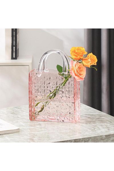 Nettenevime Bag Vase Cornered Model Glass Flower Vase Decorative Pink Vase Large Size Glass Bag Vase