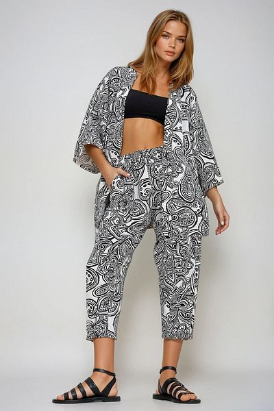 VAGGON Set Shaiyen pentru femei - Kimono cu imprimeu verde, jachetă și pantaloni țesute din in