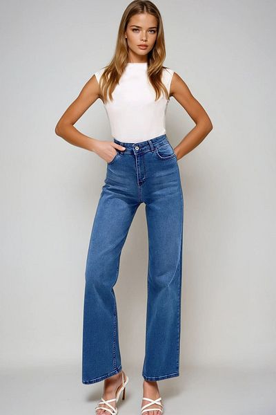 VAGGON Pantaloni de damă, albastru închis, cu talie înaltă, spălați cu picioare largi, blugi Prmx13501