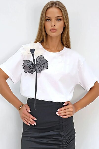 NATUFIAN STORE Γυναικείο μπλουζάκι με λεπτομέρεια αξεσουάρ λουλουδιών