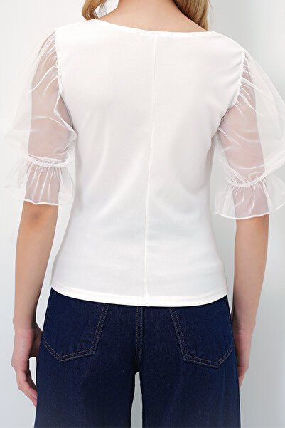 VAGGON Women's White Heart Collar Sleeves Tulle Detailed Knitted Crepe Blouse Prmx13527