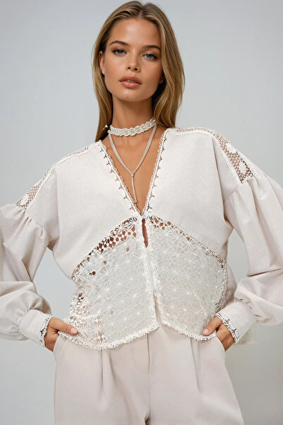 VAGGON Bluză de in pentru femei, bej, cu decolteu în V, cu mâneci cu balon, cu nasturi în față, Prmx13416