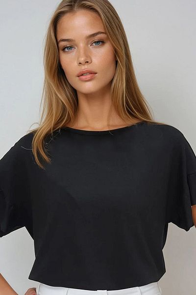 VAGGON Tricou de bază negru pentru femei, cu mâneci cu volane, Prmx13542