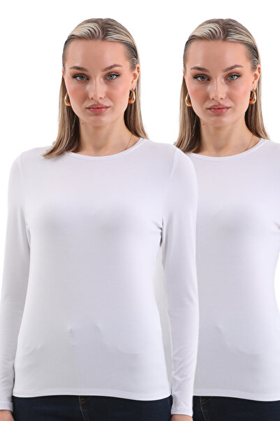 penyebizden Kadın Modal  Tişört 2'li Paket-Beyaz-Beyaz