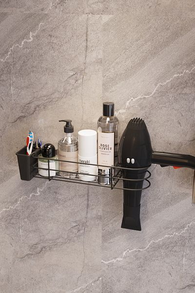 SUNTEL BANYO VE MUTFAK AKSESUARLARI Αυτοκόλλητη κρεμάστρα για πιστολάκι - Organizer μπάνιου με δοχείο