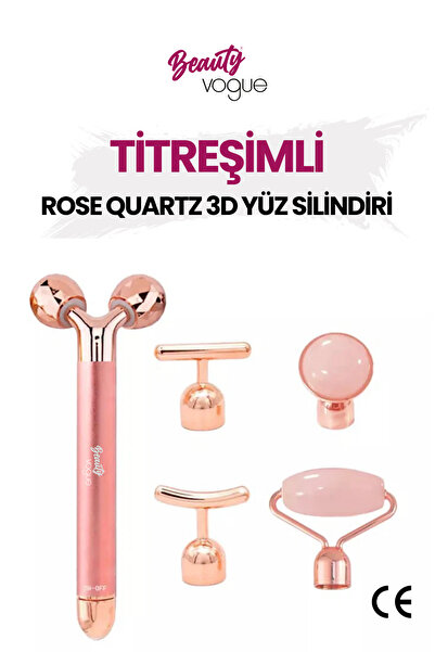 Beauty Vogue Titreşimli Rose Pembe Quartz Taşı 3d Yüz Masaj Silindiri 5 Başlıklı Cilt Bakım Cihazı Profesyonel