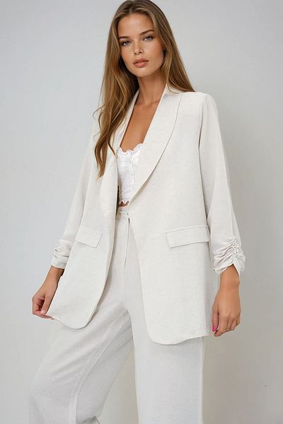 VAGGON Women's Ecru Linen Look Shawl Collar Sleeves Draped Jacket Prmx13626