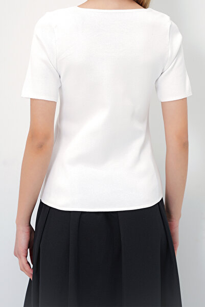 VAGGON Women's White Square Neck Short Sleeve Seasonal Knitwear Blouse Prmx13438