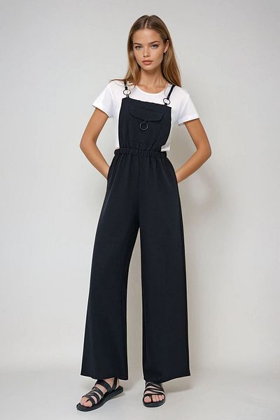 VAGGON Women's Black Aerobin Salopet Trousers with Bib Pocket and Strap Ring Detail