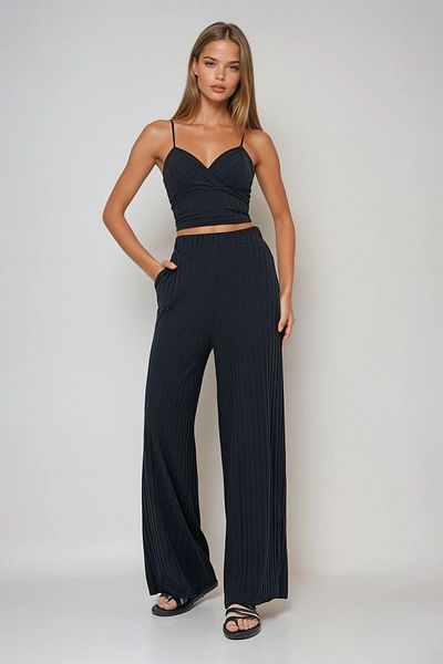 VAGGON Women's Black Straps Kruvaz Bulga Set and Slit Palazzo Patlo Prmx13577