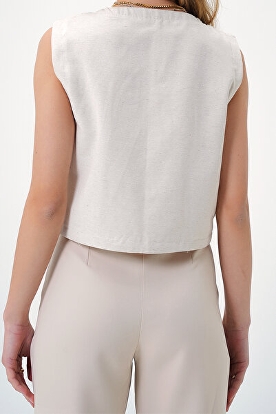 VAGGON Жіночий синій в'язаний гачком жилет з вишитим мотивом з льону з V-подібним вирізом Prmx13487